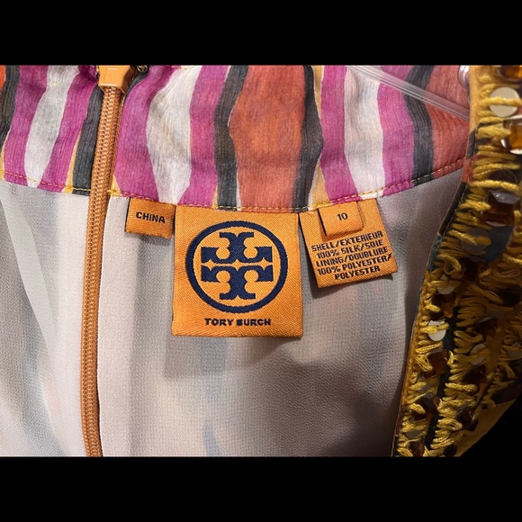 Tory Burch Lined Silk Blouse Tank with beading sequins neckline, Ikat Print sz10 - Picture 8 of 8